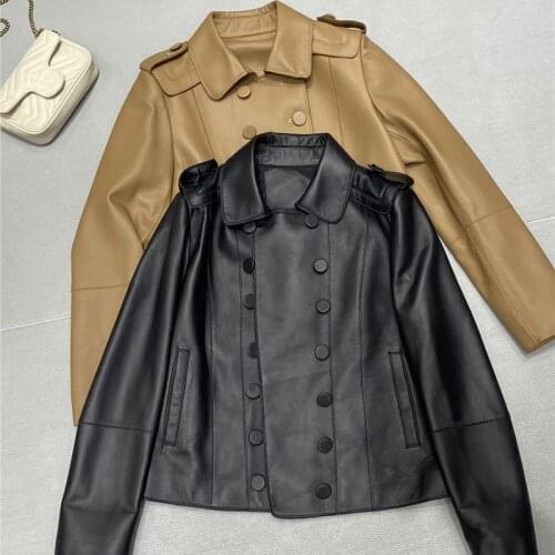 2021 new women sheepskin real leather jacket black camel Double-breasted Genuine Leather Coat for Women