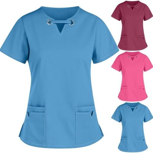 2021 Summer Casual Women Nursing Scrubs Tops T Shirt Pocket Short Sleeve V-neck Women Scrubs Nurse Uniform Tops Women Clothing
