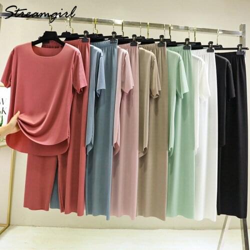 Summer Ice Silk Pants Sets Women Loose T Shirt 2 Piece Wide Leg Pants Woman Soft Ice Silk Pant Suits Summer Sets Womens 2021