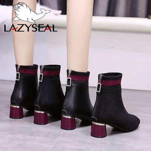 LazySeal 2019 Luxury Women Sock Boots Leather Crystal Zipper Shoes Woman Metal Round Heels Ankle Boots Female Big Size 35-43