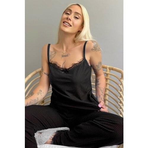 Womens Two Piece Black Striped Pajamas Set Lace V-Neck Rope Strap Nightgown Set Comfortable Rope Strap Knitted