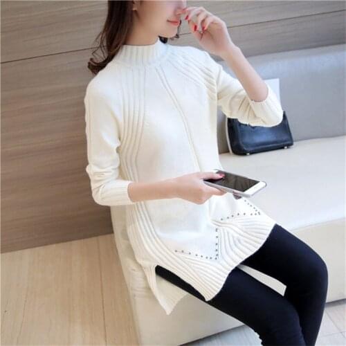 Mid-length Wine red Knit Sweater Women Autumn High Elasticity Turtleneck Pullover Beading Knitwear Casual Ladies Basic Knit Tops
