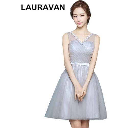 Women short v neck dress knee length elegant modest grey formal bridesmaid gowns ball gown for wedding party new arrival 2020