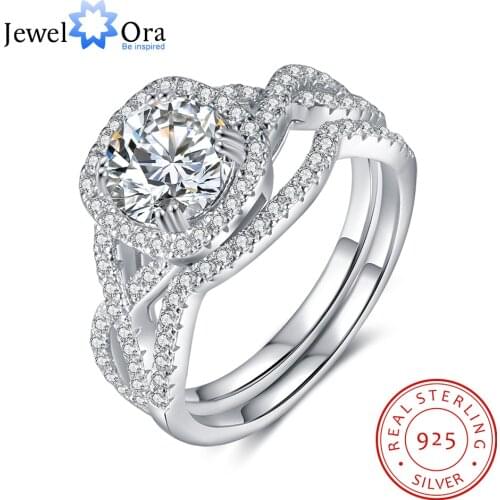 JewelOra 925 Sterling Silver Wedding Engagement Rings for Women Classic D Color Moissanite Ring Cubic Zirconia Paved Bridal Sets