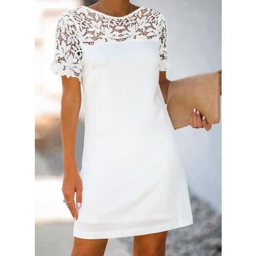 2021 Summer Pure Color Slim Lace Short Sleeve Turtleneck Round Neck Casual Dress Women