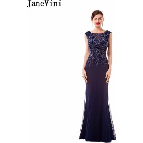 JaneVini Vintage Navy Blue Mother of The Bride Dresses 2019 Luxury Mermaid Scoop Neck Beading Sparkly African Long Evening Gowns