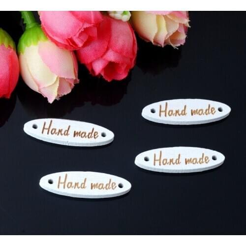 60Pcs White Painting With "Hand made" 2 Holes Connectors Sewing Wood Buttons Scrapbooking 27x8mm