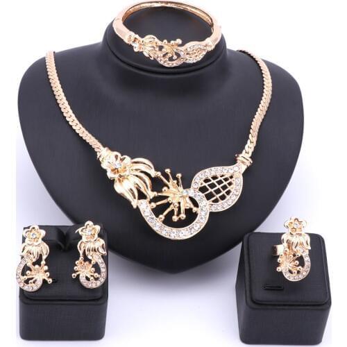 Wedding Gold Color Crystal Flower Necklace Set Fine Jewelry Sets Party Women African Beads Bridal Ring Bangle Earrings
