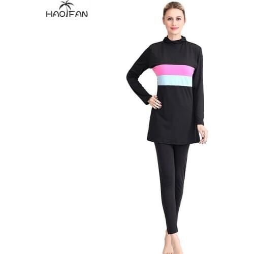 HAOFAN Muslim Patchwork Swimsuit Long Sleeve Full Mask Hooded Headscarf Islamic Swimming Sports Surfing Suit Burkinis Swimsuit