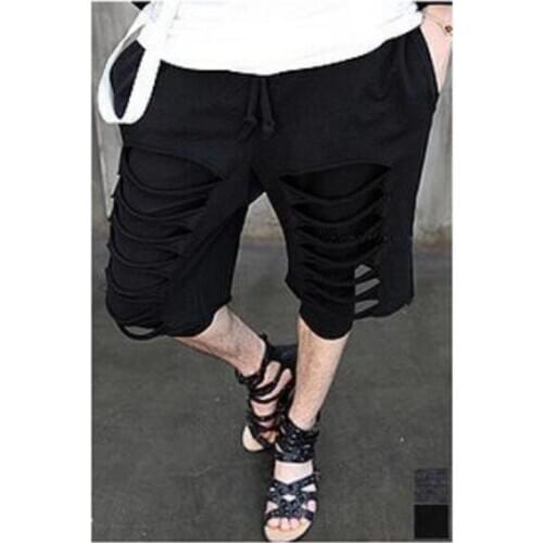 Hot 2020 New Mens Korean Summer Short Pants All-Match Torn Edge Faux Two Piece Set Casual Calf Length Singer Costumes