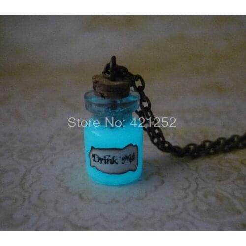12pcs/lot Alice in Wonderland inspired Necklace Glow In The Dark Drink Me Necklace Fantasy Glowing Jewelry