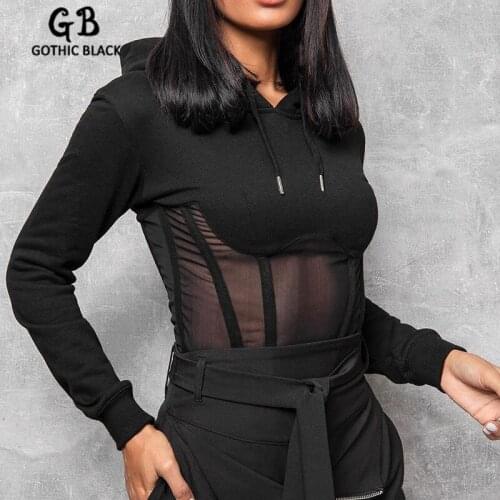 Gothblack Streetewar Sexy Slim Splice Mesh hoodies Gothic Women Long Sleeve Zipper Pullovers Female Autumn Hauajuku Fashion Tops