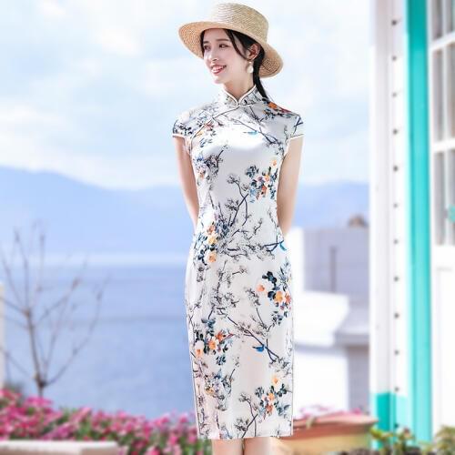 Sheng Coco Elegant Oriental Dresses Modern Chinese Cheongsam Qipao Women Flowers Bird White Party Chinese Dress