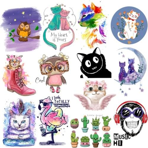Cute Animal Iron on Transfer Patches for Kid Clothing DIY T-shirt Applique Heat Transfer Cat Patches Thermal Stickers on clothes