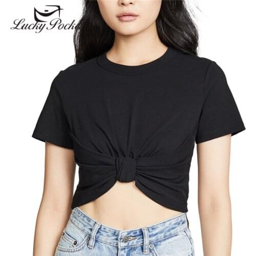 Women Summer Solid Color slim O-Neck Cotton Patchwork Pleated Bow Crop Short T-Shirt Female Sweet Tees Ladies Casual Tops ZM99