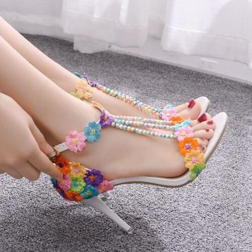 Women sandals wedding Party Lace PU Rhinestones Buckle Strap 9.5CM Thin High heels Round Toe sandal for women shoes size 35-42