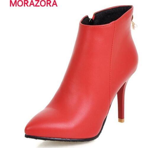 MORAZORA Pointed toe boots thin high heels zipper large size 34-45 boots for women solid wedding party ankle boots autumn