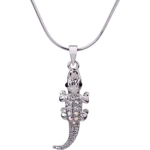 Custom Fashion Metal Alloy Rhinestone Animal Pendants Crocodile Necklaces For Girl Women