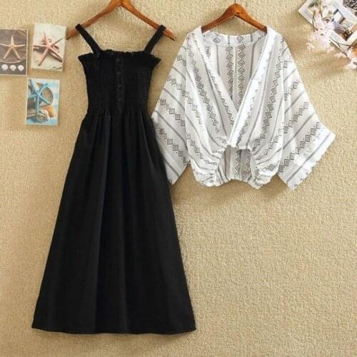 2021 Fashion Women Bat Sleeve Turn-down Printed Chiffon Shirt Top + Spaghetti Strap Midi Dress Plus Size Two Pieces Sets Y543