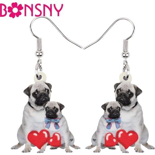BONSNY Mothers Day Acrylic White Heart Pug Dogs Earrings Big Drop Dangle Fashion Pets Gifts Jewelry For Women Girls Gifts