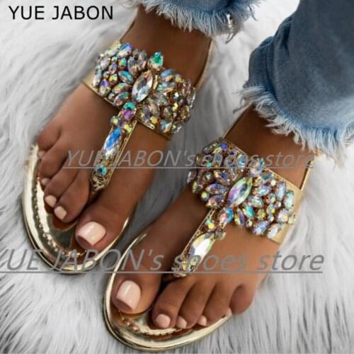 Gold Pink Elegant Strap Crystal Shoes Women 2021 Sandals Female Bohemian Style Summer Fashion Flat Womens Shoes Sexy Footwear