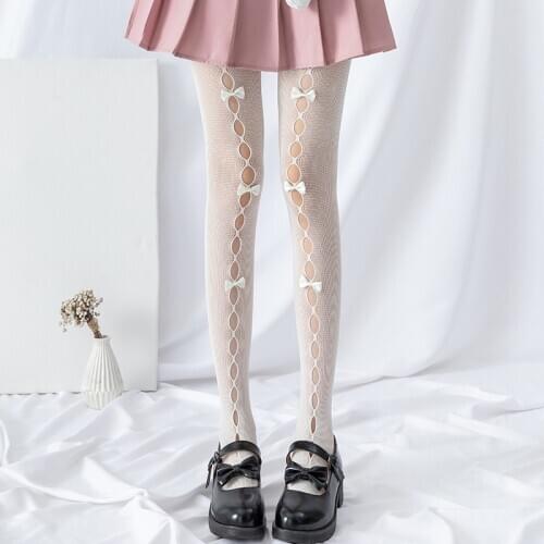 Pierced Stocking Lolita Cosplay Costumes Accessories Bowknot Mesh Stockings Soft Sister Lace Pantynose Women Girl Tight