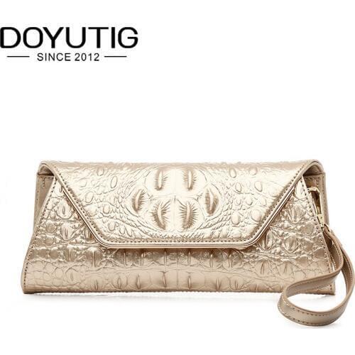 DOYUTIG Women Evening Clutch Bags Gold Crocodile Pattern Female Genuine Leather Shoulder Bags Crossbody Purses & Handbags A207