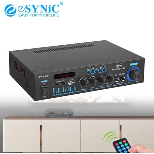 ESYNiC AV-568BT Bluetooth-compatible Audio Power Stereo Amplifier 2 Channel Sound Audio Stereo Amp with 2 Mic Input & AUX Input