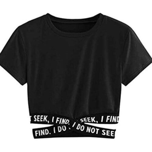 Idonot Tees Womens Round Neck Solid Color Letter Bandage Cross Short Crop Top T-shirt Black Casual Pullover Summer Ladies Tops