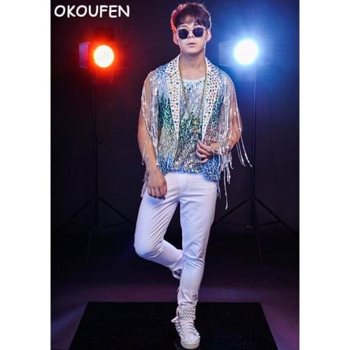 Personality Handmade Crystal Diamonds Tassel Vest Sequins Stage DS Costumes set Male singer DJ Rock performance wear