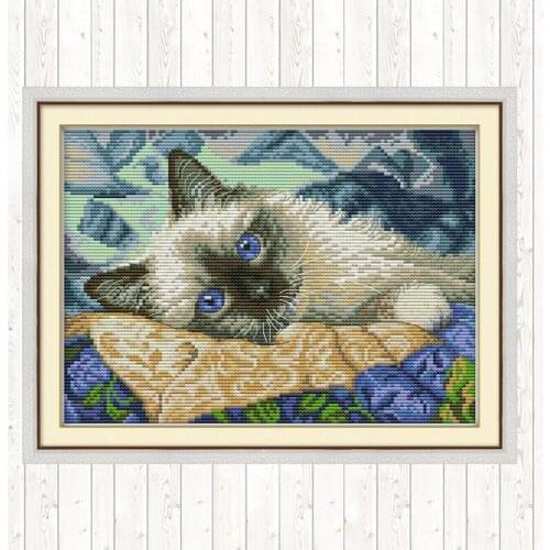 The Blue Eyes Cat 14ct 11ct Count Print Canvas Embroidery Kits Needlework Embroidery Patterns Cross Stitch Package DIY Crafts
