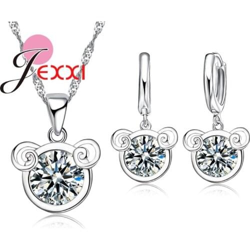 Bear Head Shape Statement Necklace Hoop Earring Set For Woman Girls 925 Sterling Silver Pendant Necklace Earrings Jewelry Sets
