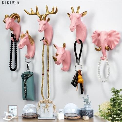 Creative Pink Elk Elephant Hippo Key Hook Resin Cartoon Animal Wall Hanging Pendant Household Towel Hook Bathroom Accessories