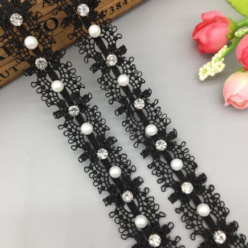 1 Yard Black Pearl Beaded 3D Lace Trim Tape Lace Ribbon African Fabric Collar Wedding Dress Sewing Garment Headdress Materials