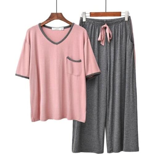 Summer pajamas womens short-sleeved trousers loose nightwear pajama set modal cotton pyjamas women lounge sleepwear pijama suit