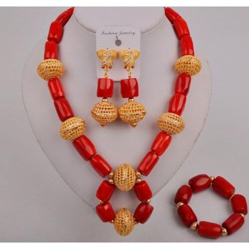 Fashion Nigeria Wedding African Beads Jewelry Set Red Coral Necklace Earrings Bracelet Bridal Jewelry Sets
