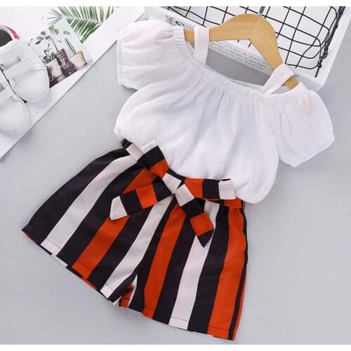 Fashion Summer Girl’s Set Fresh Solid Color Boat Neck Short Sleeve Chiffon Shirt Bandaged Stripe Short Pants Childrens Sets