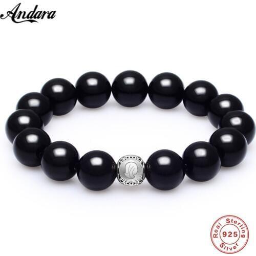 Classic Black Agates Beaded Bracelet Men 925 Silver Virgo DIY Beads Charm Bracelets Male Sterling Silver Jewelry