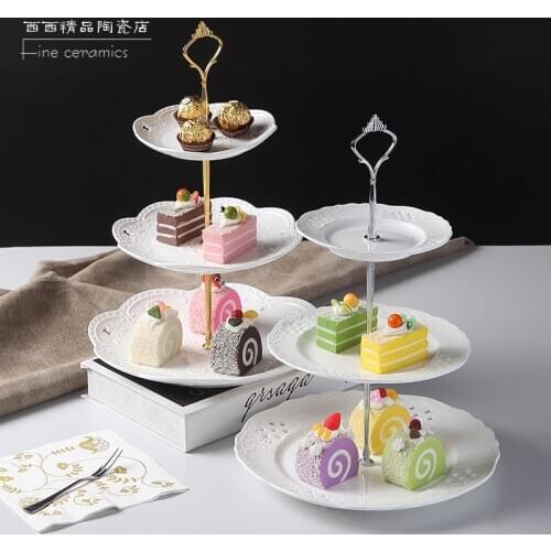 3pcs set, white embossed porcelain cake show plate set with steel stand, fruit snack serving platter holder, party dish ree