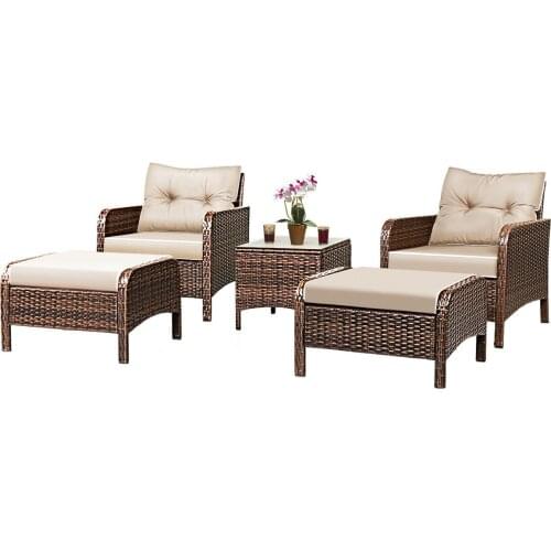 Costway 5 PCS Rattan Wicker Furniture Set Sofa Ottoman W/Brown Cushion Patio Garden Yard HW54520CF