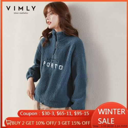 Vimly Winter Sweatshirt Women Fashion Letter Print Thicken Warm Loose Zipper Half Turtleneck Tops Casual Female Hoodies F5631