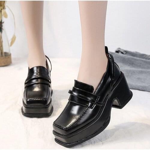 Rimocy Women High Chunky Heels Pumps Vintage Square Toe British Style PU Leather Shoes Woman 2021 Spring Slip on Platform Shoes