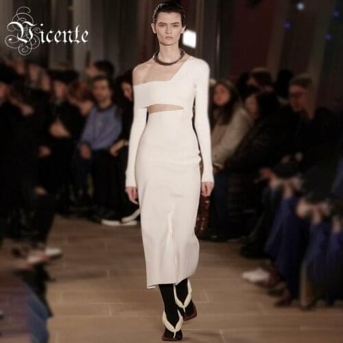 VC All Free Shipping Trendy Waist Cut Out Design Sexy One Shoulder Long Sleeves Celebrity Party Bandage Long Dress