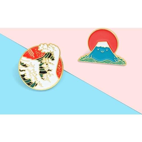 Japanese Ocean Wave Mount Fuji Brooch Bag Clothes Portfolio Lapel Enamel Pin Badges Cartoon Jewelry Gifts For Friends Women
