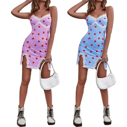 Women’s Sexy Suspender Short Dress Fashion Strawberry Print Flounce Backless Split Tight Dress