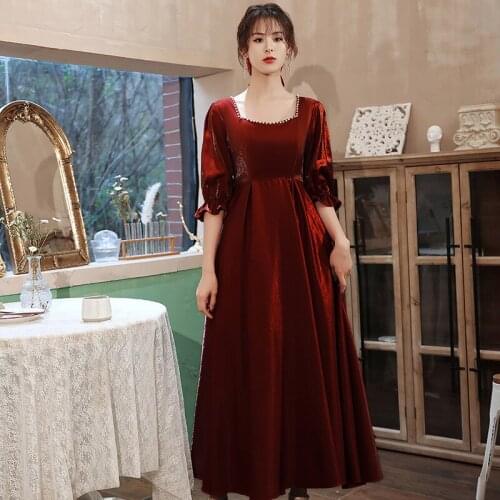 Elegant Square Collar Burgundy High Waist A-Line Evening Dress Cheongsam Back Zipper Bow Prom Fomail Gown Vestidos De Noche