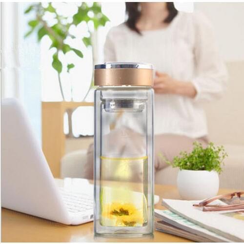 1PC Borosilicate Glass Water Bottle Double-layer Transparent Crystal Glass Water Bottle 300ml Drinkware EKD 1462
