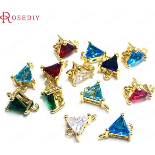 38331)10PCS 7MM 24K Champagne Gold Color Brass and Glass 2 Holes Triangle Connect Charms Pendants Jewelry Findings Accessories