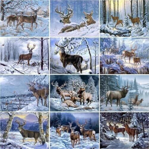 HUACAN 5D Diamond Painting Deer Diamond Mosaic Animal Diamond Embroidery Winter Snow Home Decor Wall Art
