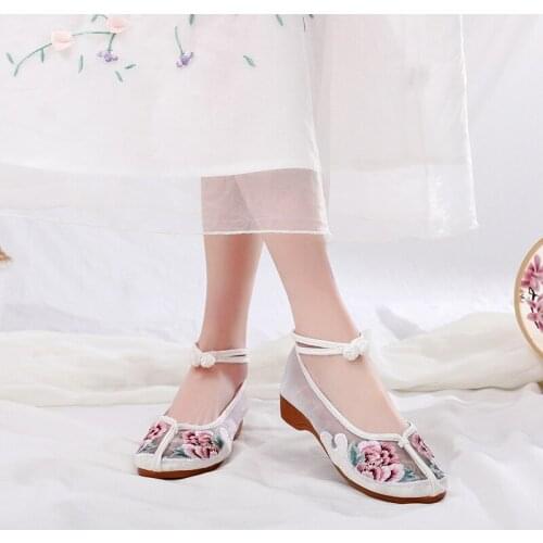 YourSeason Summer Ladies Ankle Strap Gauze Mesh Fabric Shoes Breathable Comfort Casual Embroidered Ballet Flats For Women